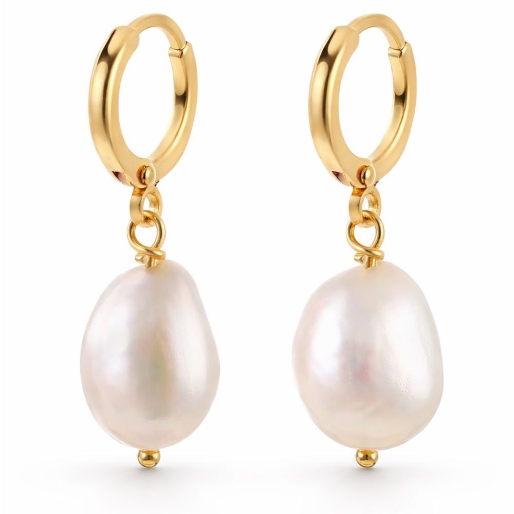 14K Gold Freshwater Baroque Pearl Hoop Drop Earrings Dangle 10MM Women Luster